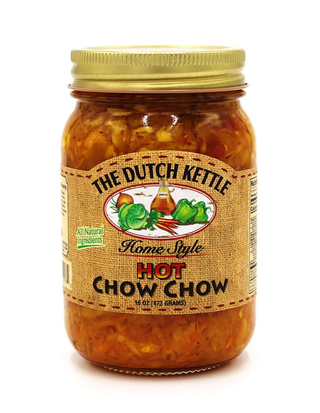 The Dutch Kettle Hot Chow Chow - Homestyle Gourmet Mildly Spicy Pickled Relish Made with Fresh Cabbage, Peppers, Onions, Spices, & Flavorful All-Natural Ingredients - Handcrafted & Amish-Made - 16 oz