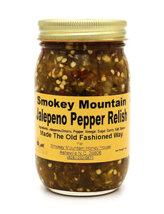 Smokey Mountain Honey House Jalapeno Pepper Relish - Colorful Homestyle Gourmet Condiment - Sweet, Spicy & Sour Taste Made with Fresh Jalapenos & All Natural Ingredients - Unique & Homemade - 16 oz