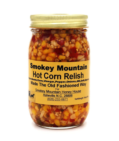 Smokey Mountain Honey House Hot Corn Relish - Colorful Homestyle Gourmet Relish - Spicy, Sweet & Sour Taste Made with Fresh Corn & Spices - Unique & All Natural - Made The Old Fashioned Way - 16 oz