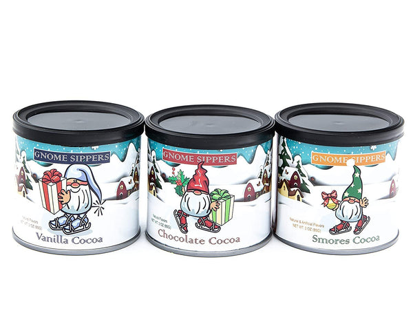 McSteven’s Little Holiday Cocoa Collection “Gnome Slippers” - S'Mores Cocoa, Chocolate Cocoa, Vanilla Cocoa - Set of Three 3 oz Festive Containers - Little Holiday Cocoa Collection “Gnome Slippers”